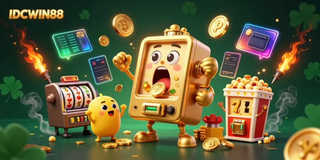 Experience the thrill of IDCWIN88 with the exciting golden slot machine hitting the jackpot amid dazzling coins and crypto.