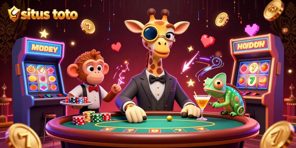 Engage with situs toto through a thrilling 3D casino scene featuring a high-roller giraffe, monkey valet, and chameleon bartender.