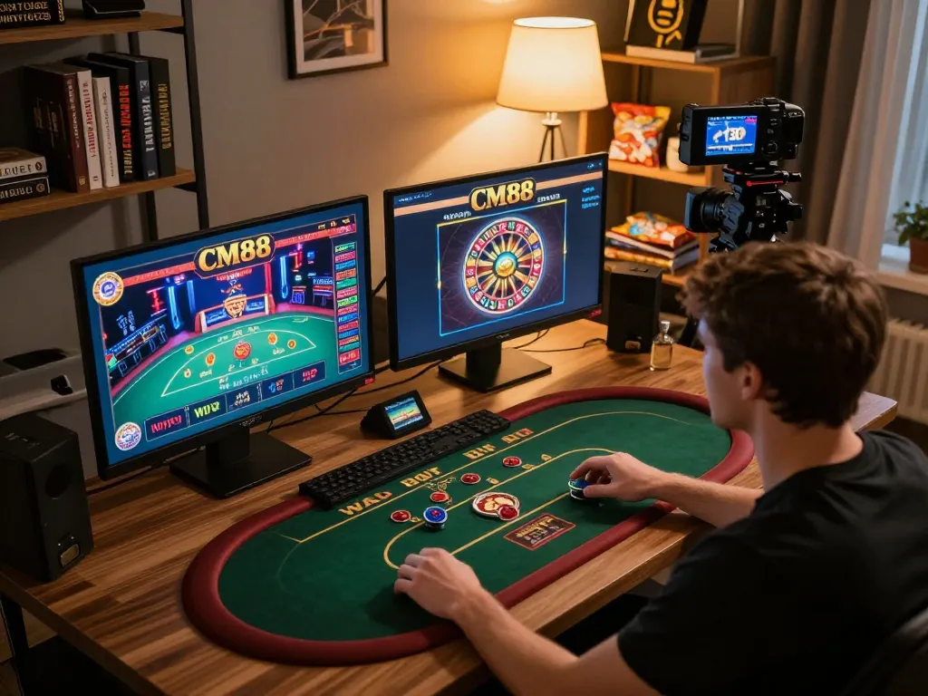 Engaging in CM88 online casino gameplay with multiple screens showcasing games in a cozy home office