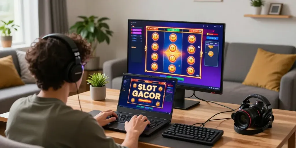 Pemain SLOT GACOR terlibat dalam permainan slot online di ruang tamu yang nyaman.