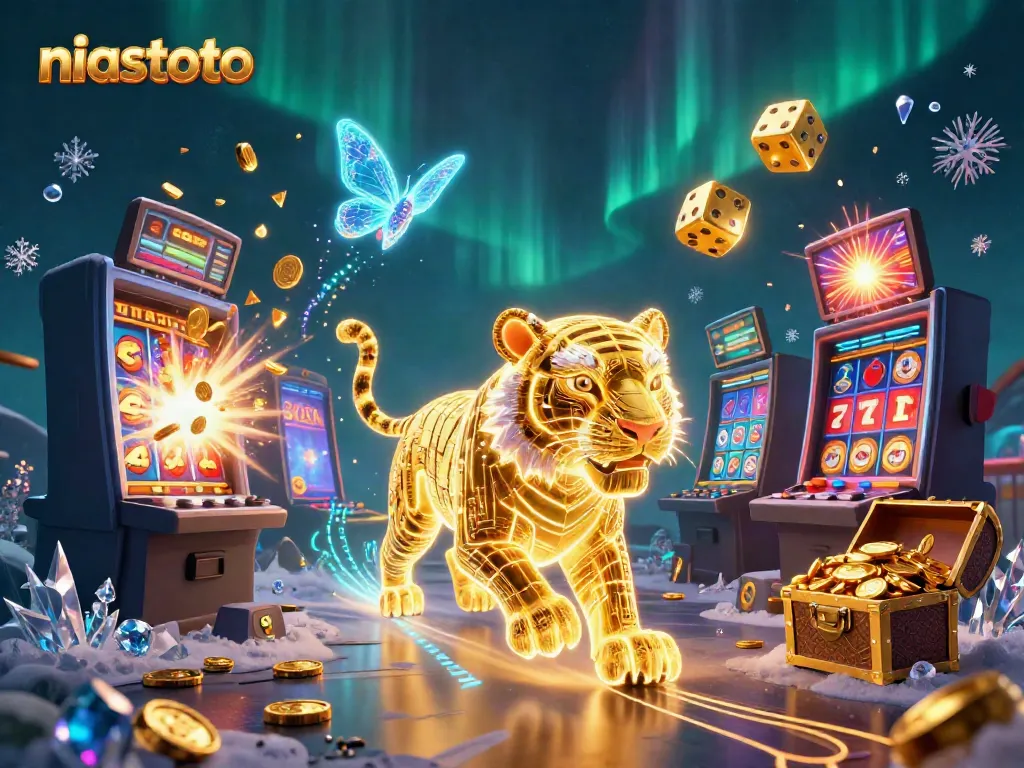 Experience niastoto's exciting casino world with a vibrant 3D scene featuring slot machines and a golden tiger.