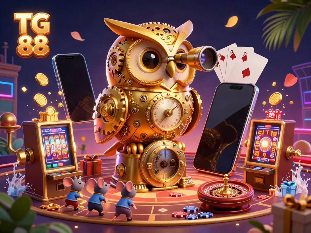 Engage with TG 88 in a vivid casino scene featuring a golden owl and animated slot machines.