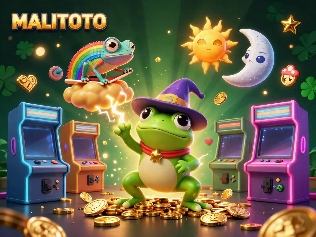 MALITOTO showcases an exciting scene of a weather wizard frog conjuring golden coins amidst casino games, highlighting dynamic gambling energy.