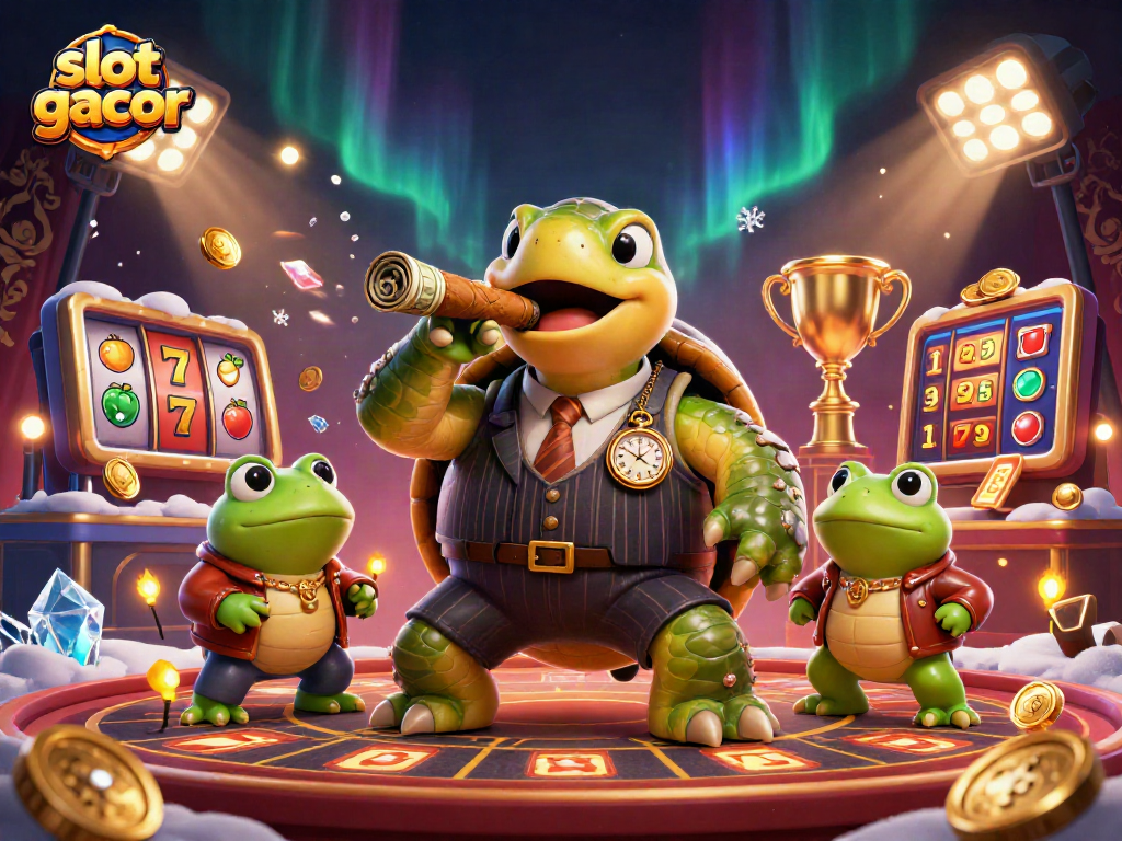 Permainan slot gacor yang menarik dengan karakter kura-kura dan kodok dalam suasana casino