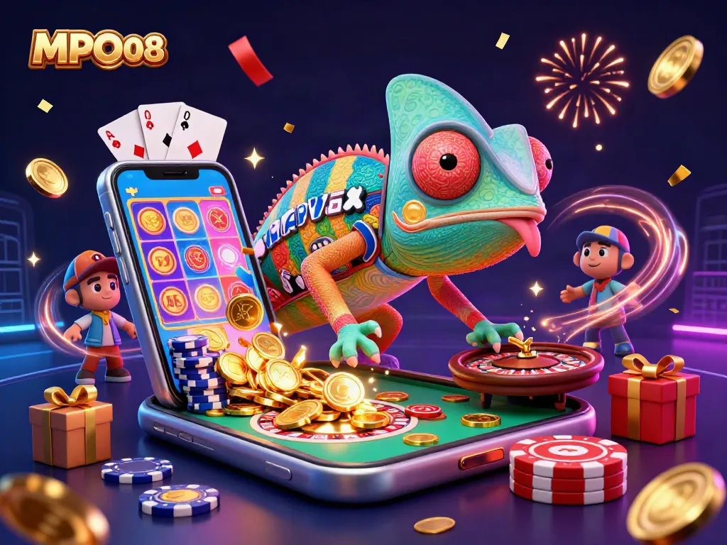 MPO08 showcases a vibrant chameleon casino owner amidst dynamic gaming elements, celebrating a winning experience.
