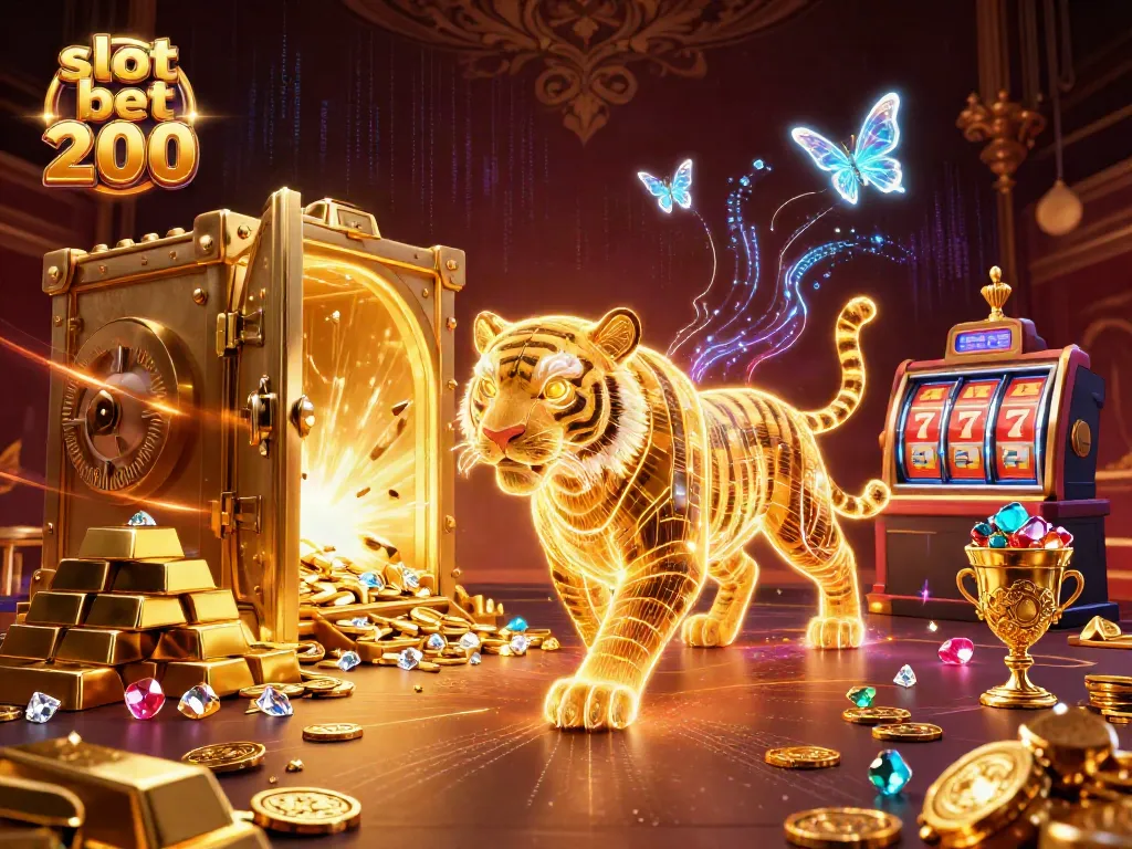 Bermain slot bet 200 di kasino digital, menampilkan karakter harimau emas yang bersinar dan elemen permainan menarik lainnya.