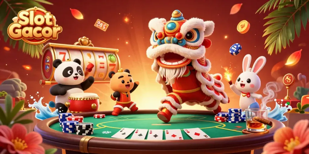 Slot Gacor: Ramaikan permainan slot dengan karakter menarik, simbol beruntung, dan suasana meriah.