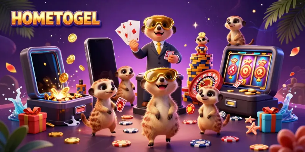 HOMETOGEL casino scene with meerkats as dealers and a pit boss in a vibrant 3D illustration.