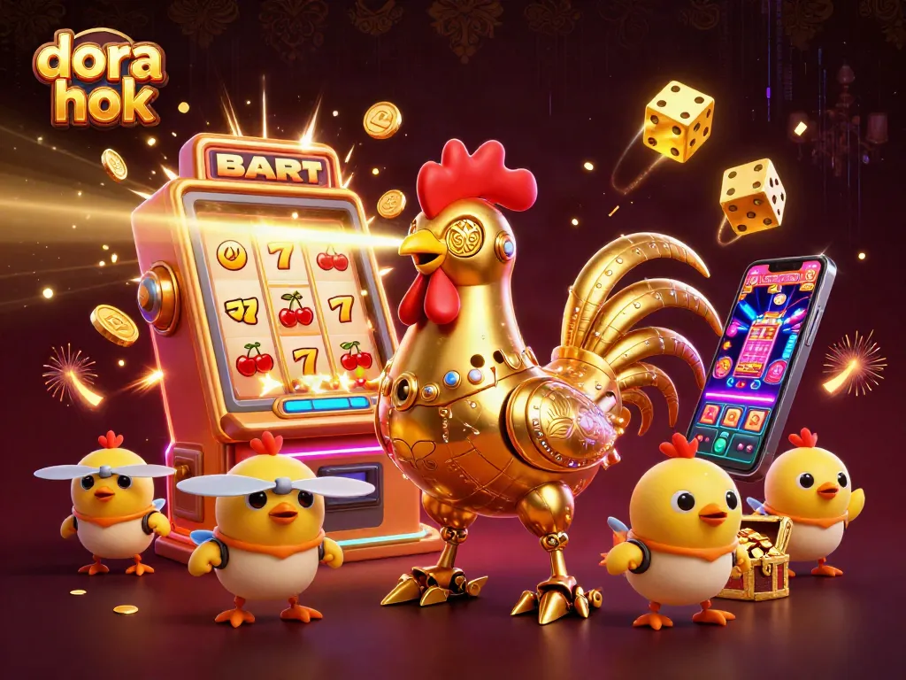 Dora hok merayakan jackpot di mesin slot dengan peti harta karun penuh emas