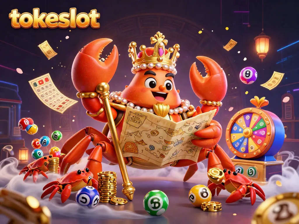 Tokeslot's immersive gaming experience showcased through a vibrant illustration of a golden crab emperor with gaming elements.
