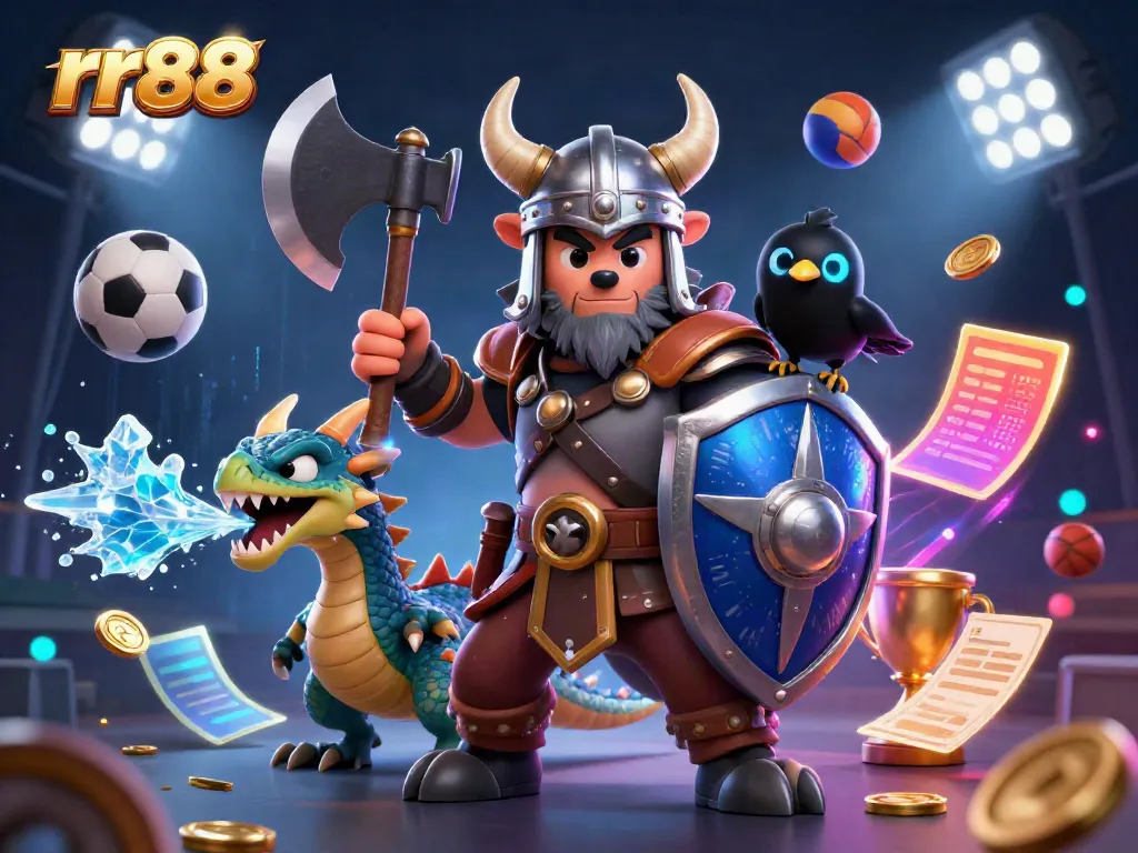 Win at RR88 with 3D cartoon Viking warrior and dynamic gaming elements like sports balls.
