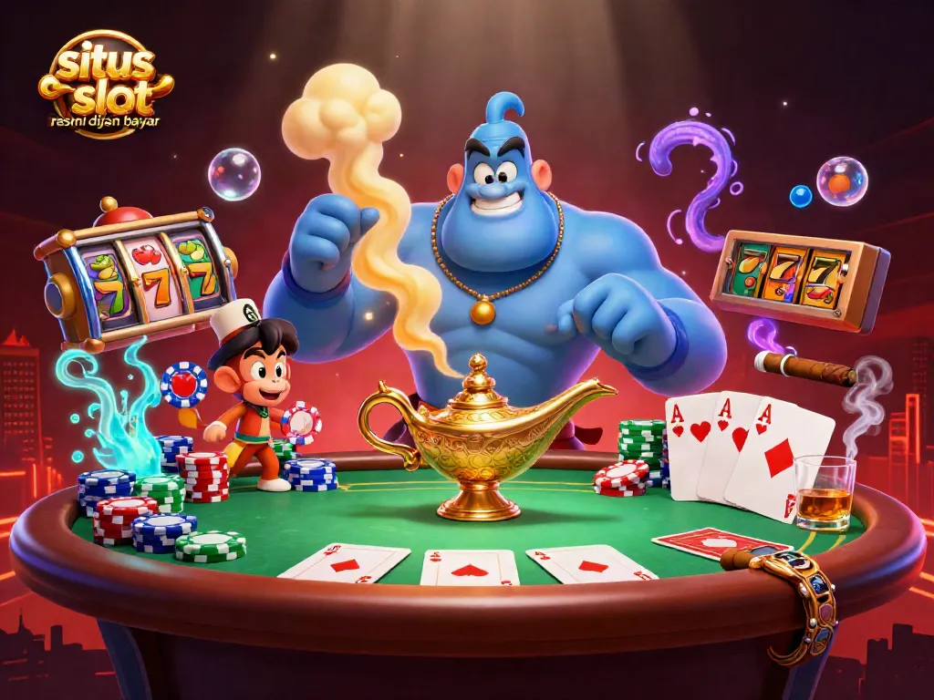 Situs slot resmi dijamin bayar showcases a dynamic casino scene with a magical genie, poker elements, and vibrant colors.