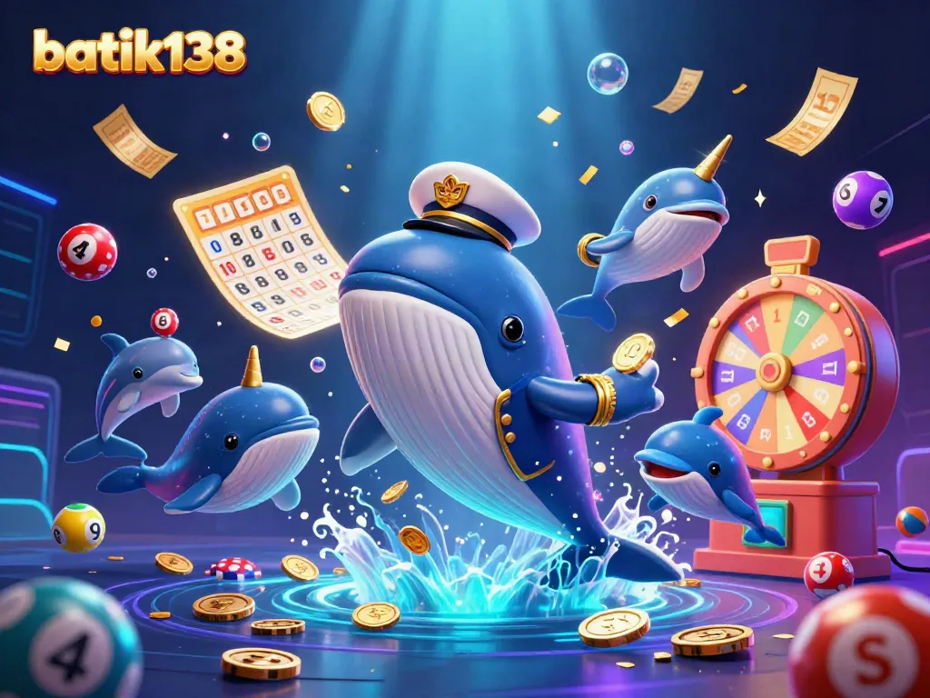 Dalam permainan batik138, ikan paus kartun raksasa dan narwhal hadir dalam suasana hitam berkilau, dikelilingi angka lotere berwarna-warni.