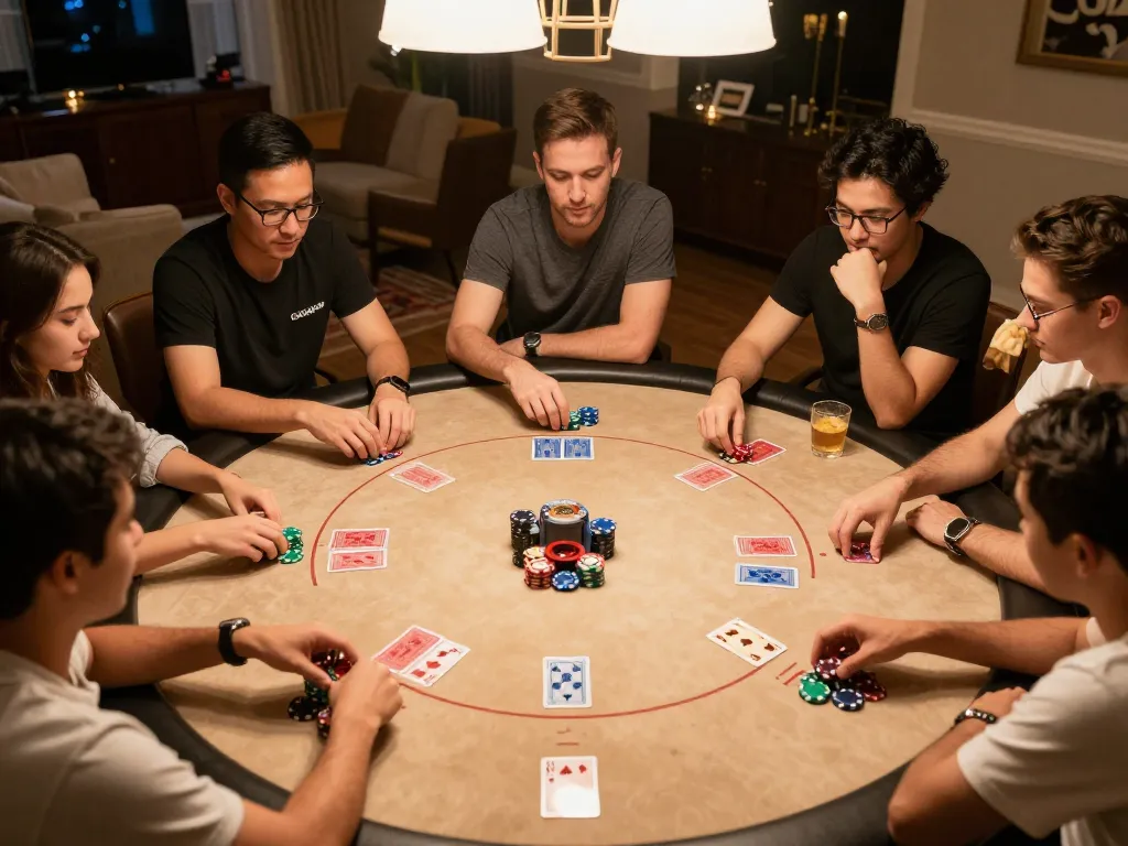 Engaged friends playing poker at home, representing the excitement of LGO99 Situs Game Online Terpercaya Di INDONESIA.