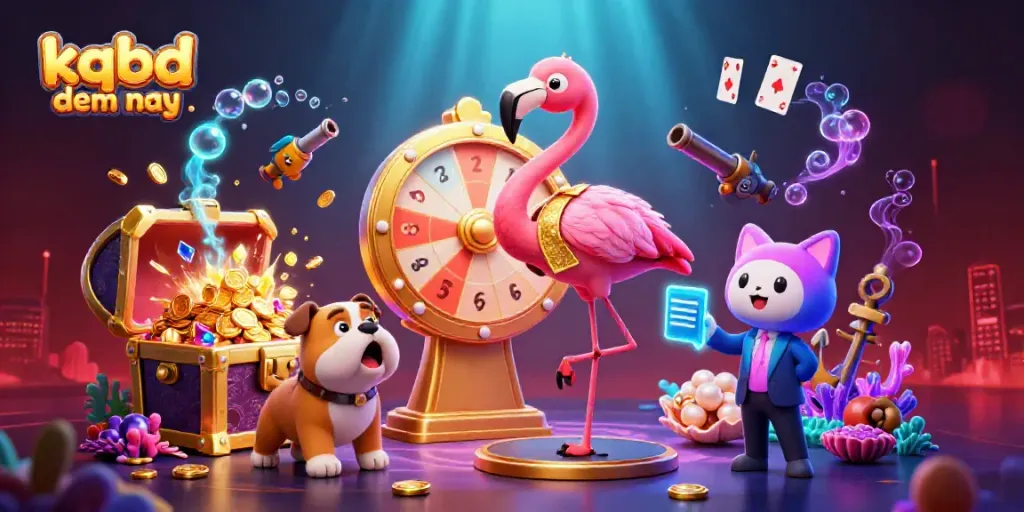 This vibrant scene illustrates kqbd dem nay with a game show host flamingo, bulldog contestant, and diverse treasures in a casino-themed underwater setting.