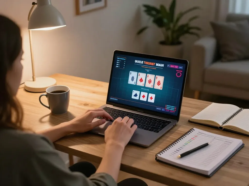 Suasana login M88 dengan pengguna yang terlibat dalam strategi poker online di rumah, suasana yang hangat dan mengundang