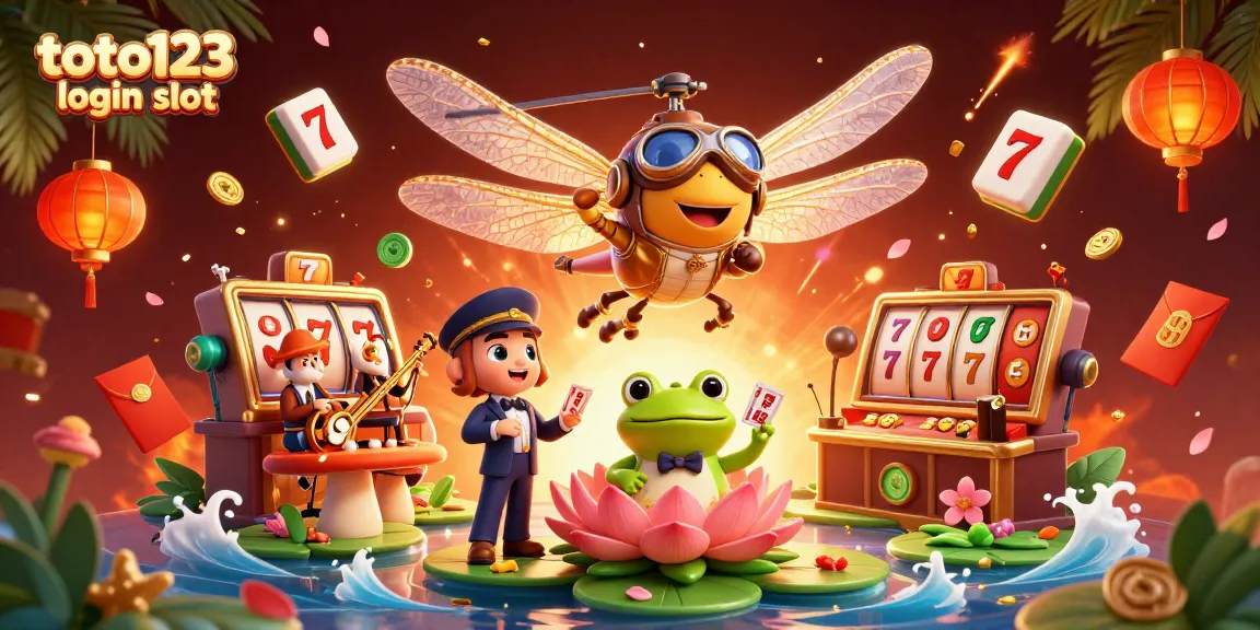Spin to win with toto123 login slot in an engaging 3D casino scene full of vibrant characters.