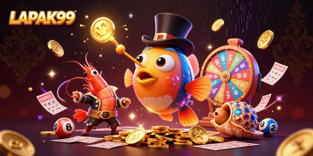 Play exciting lottery games at LAPAK99 with vibrant colorful elements and glowing coins.