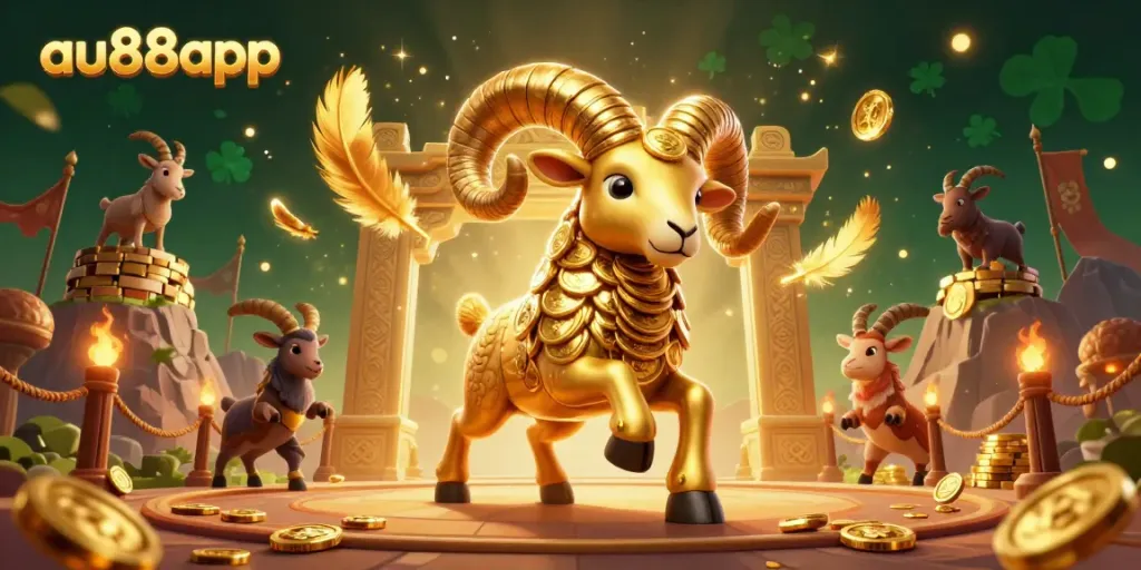 Experience exhilarating action at au88app with a vibrant scene showcasing a golden ram symbolizing luck amidst a dynamic casino atmosphere.