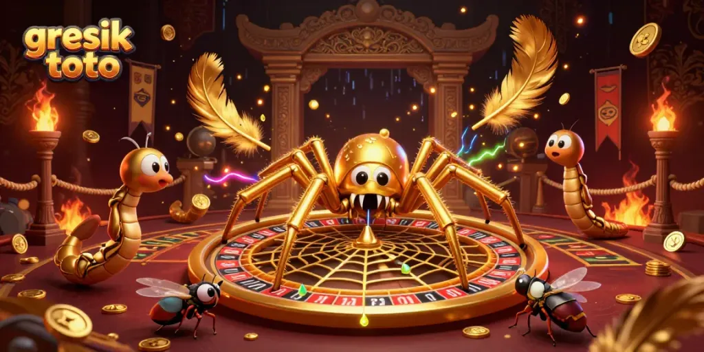 Engage in thrilling bets with the exciting gresik toto illustrated scene featuring a gaming spider and centipede.