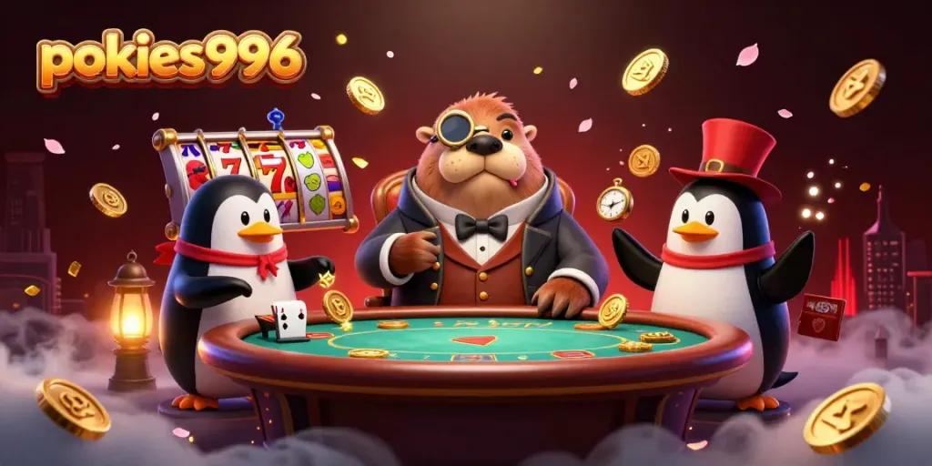 Engage in exciting pokies996 gameplay with a whimsical walrus, a penguin dealer, and a bluffing pufferfish.