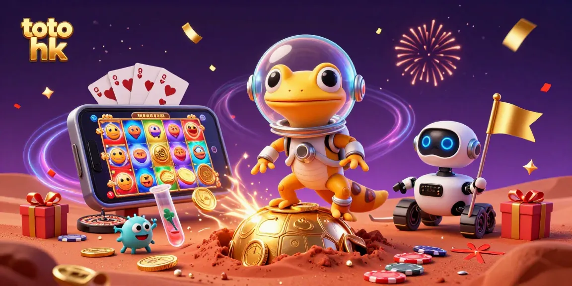 Menang di toto hk dengan gecko alien dan kasino emas, menyebar koin dan kartu.