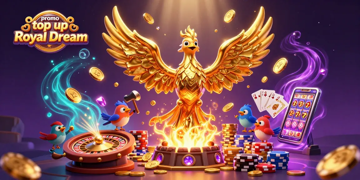 Experience the excitement of promo top up Royal Dream with a vibrant 3D casino scene featuring a golden phoenix and game elements.