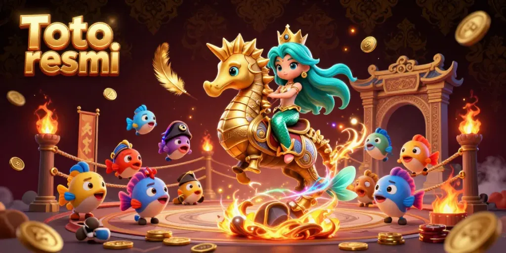 Experience thrilling gameplay at Toto resmi with a rich visual of a mermaid princess and a giant seahorse in a dynamic casino environment.