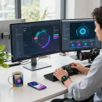 Innovative tech gadgets displayed in a modern workspace, including smart health watch and Bluetooth game controller, highlighting creativity.
