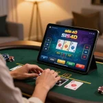 Play blackjack on sis4d with players engaged in strategic betting at an elegant online setup.
