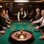 Kenzobet slot players engaging at a roulette table, showcasing excitement and strategy.