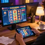 Bermain game online KAISAR888 di tablet dengan gulungan slot berwarna-warni yang ditampilkan.