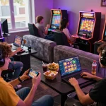 Kumpulan pemain yang terlibat menikmati permainan slot online VIRUS88 di ruang permainan yang penuh warna.
