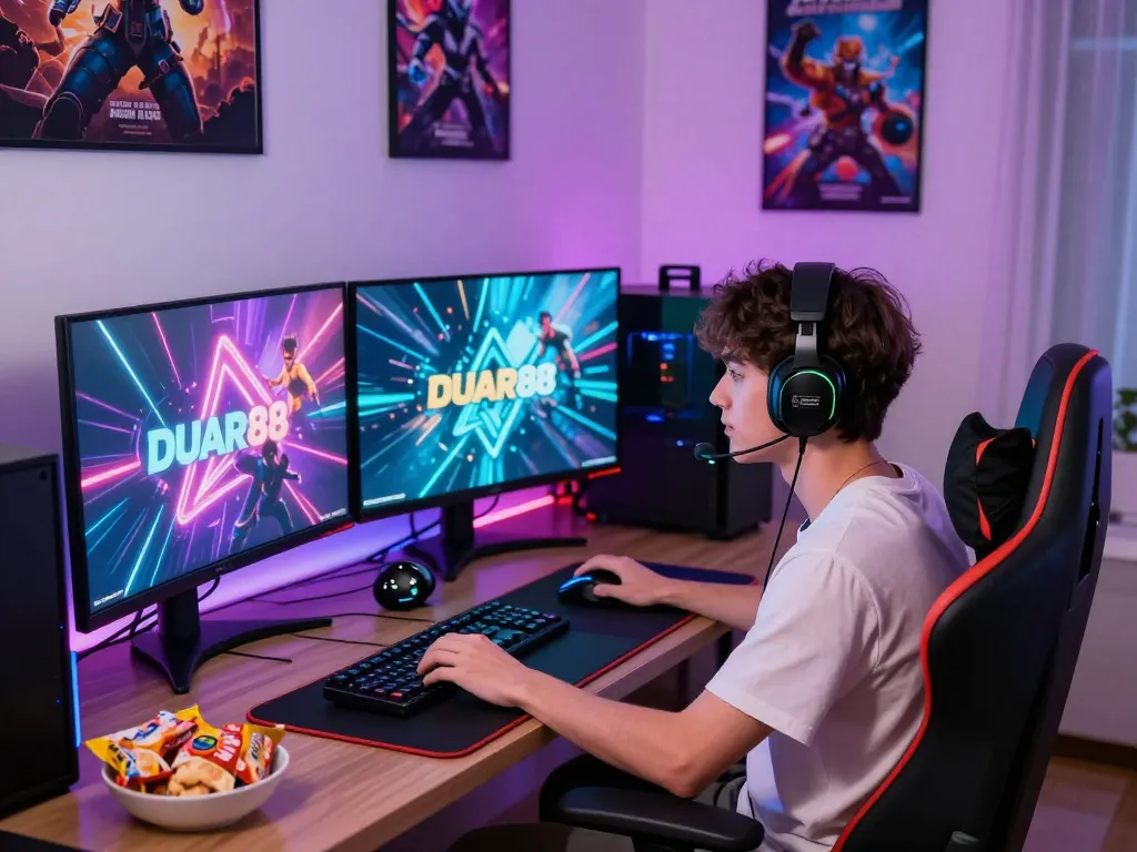 Engaging gaming experience featuring DUAR88 on screens with vibrant graphics and dynamic gaming setup.