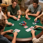 Teman-teman bermain poker di rumah, merencanakan strategi dengan chip berwarna-warni sambil menikmati link mpo777.
