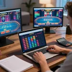Player accessing lc88 online casino to analyze poker odds with laptop and notes.