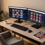 LIGA2000 online casino interface displayed on dual monitors in a modern home office setup, showcasing engaging slot games.