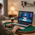 Pengalaman bermain game online yang menarik dengan blackjack dealer langsung rokok88 di pengaturan rumah modern, menunjukkan kegembiraan dan strategi.