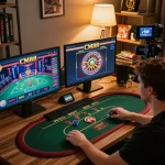 Engaging in CM88 online casino gameplay with multiple screens showcasing games in a cozy home office