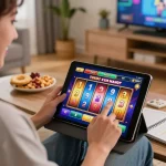 Momennya menarik dari permainan online dengan antarmuka tablet alexis500 yang menampilkan kegembiraan permainan slot.