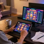 Main WWBola Deposit Qris Tanpa Potongan gameplay at home with vibrant slot machine graphics.