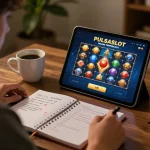 PULSASLOT SLOT ONLINE TERPERCAYA interface displayed on tablet during a focused online gaming session with strategy notes.