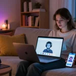 User interacting with an AI NSFW chatbot in a cozy atmosphere with creative digital artwork.
