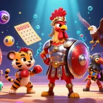 Experience slot gacor excitement with a vibrant scene featuring a gladiator rooster and dynamic game elements.