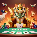 Experience exciting poker action with OnBet's vibrant 3D illustration of a pharaoh cat in a casino setting.