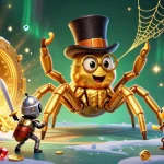 Engage with exciting slot adventures in a vibrant casino scene featuring a golden tarantula and brave beetle knight.