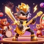 Experience the excitement of mahjong 777 as a rock star wolf and a drummer bear energize a vibrant casino stage.