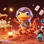 Engage with slot777 resmi gameplay featuring a Martian gecko and dynamic casino elements in a rich 3D scene.