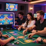 Suasana gaming mewah dengan teman bermain slot LUXURY777, LED berwarna-warni dan suasana ceria.