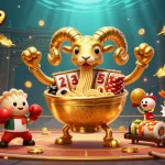 Engaging illustration of bolaslot99 featuring a giant golden ramen bowl dealing slot reels, showcasing vibrant casino elements.
